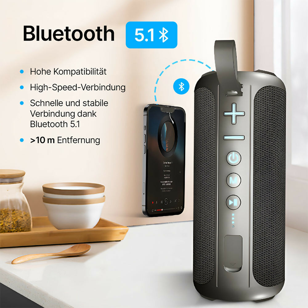 Bluetooth Lautsprecher mit HD-Sound / LED Lichtern / IPX6 wasserdicht / Bluetooth 5.1 & Multipairing-Funktion / 20 W Dual-Lautsprecher-Subwoofer