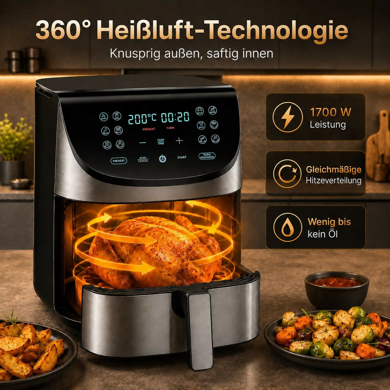 Oryzom AirCrisp Pro — 360° Heißluft-Technologie mit 1700 W für schnelle und gesunde Mahlzeiten