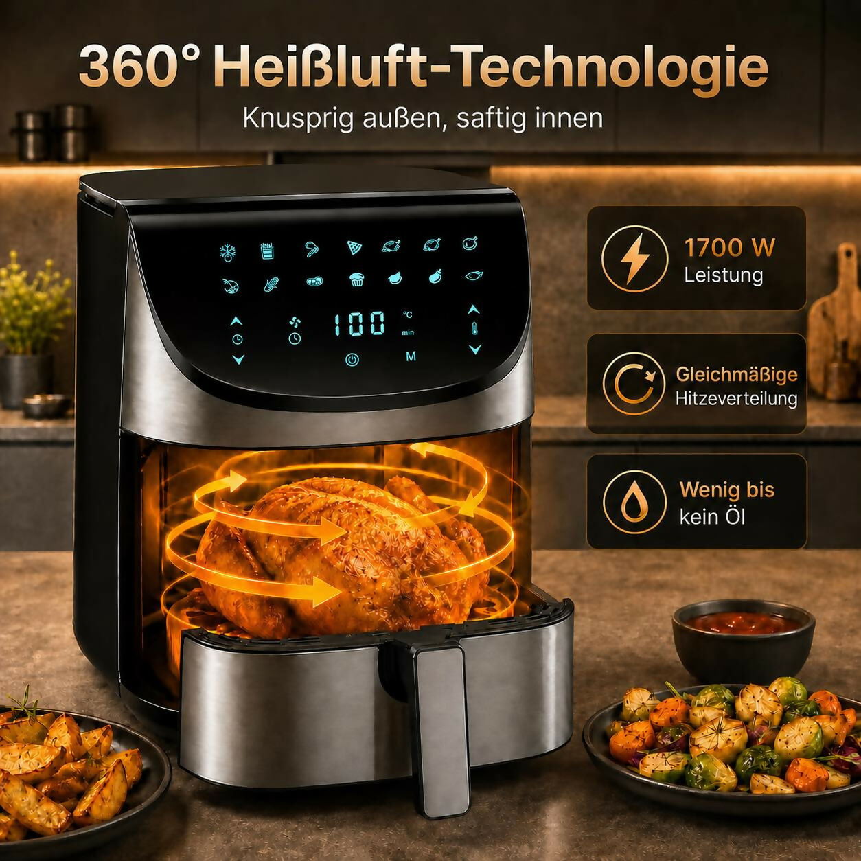 Oryzom AirCrisp Pro — 360° Heißluft-Technologie mit 1700 W für schnelle und gesunde Mahlzeiten